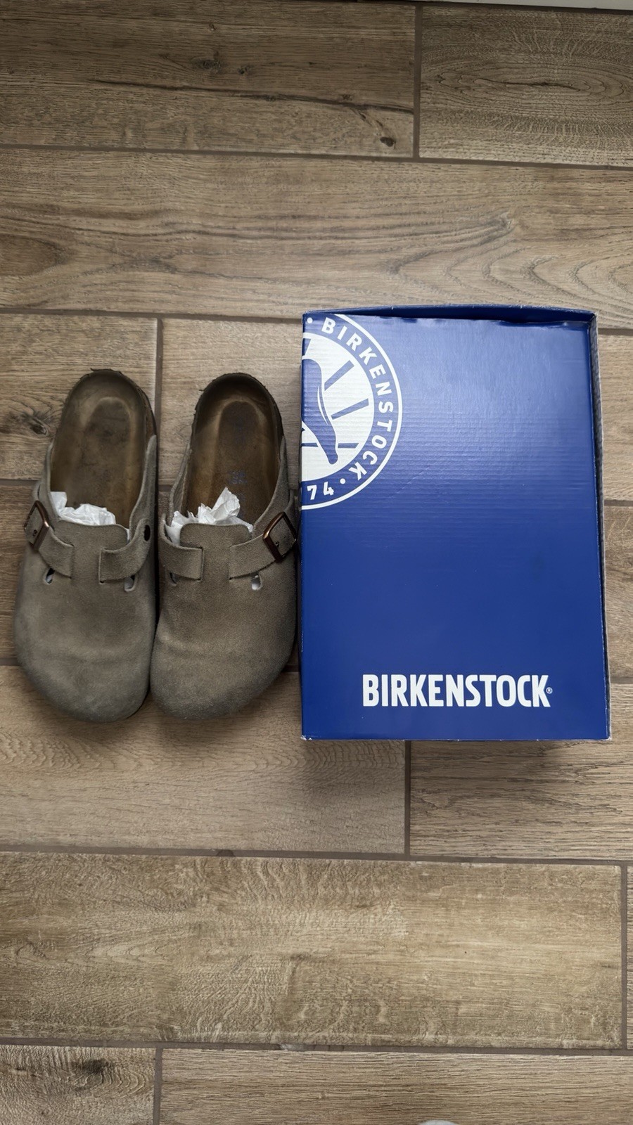 Birkenstock Boston Suede Clog Sandals Beige Buckle Strap Men’s 9.5