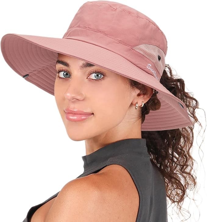 Women’s Summer Sun Hat – Wide Brim Bucket Hat with Ponytail Hole & UV Protection