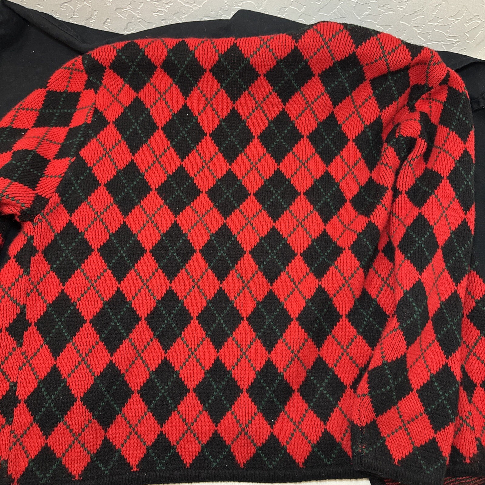 Red Argyle Cardigan Womens Large Black Crystal Gold Button VTG Diamond Sweater