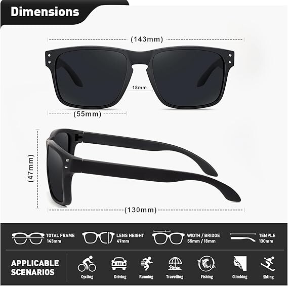 Tac Polarized Square Sunglasses for Men Women Driving Sports UV400 Sun Glasses