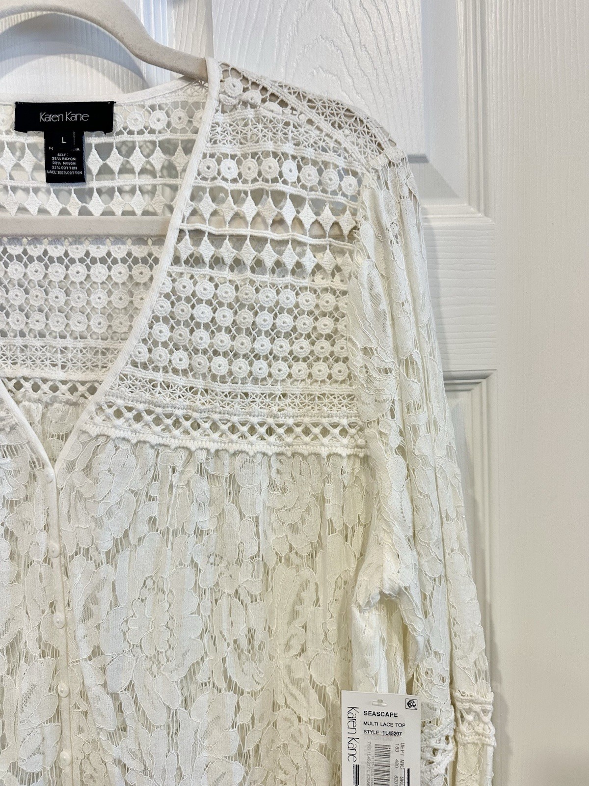 KAREN KANE Seascape Multi-lace Sheer Top Ivory Color Vneck Buttons Sz L $118 NWT