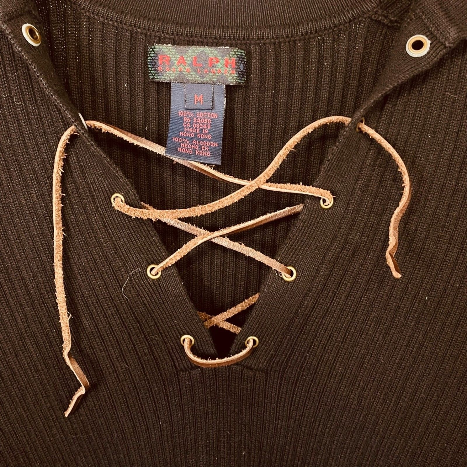 Ralph Lauren Black Ribbed Lace-Up V-Neck Cotton Sweater Size M EUC