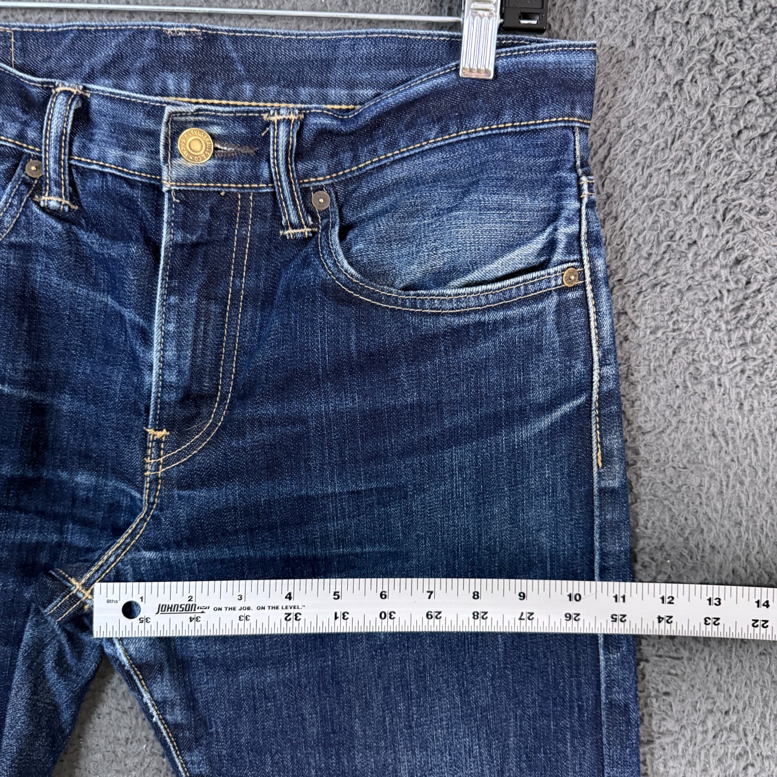 Levis Jeans Mens 32×34 Blue 513 Slim Fit Selvedge Dark Denim Whisker Distressed