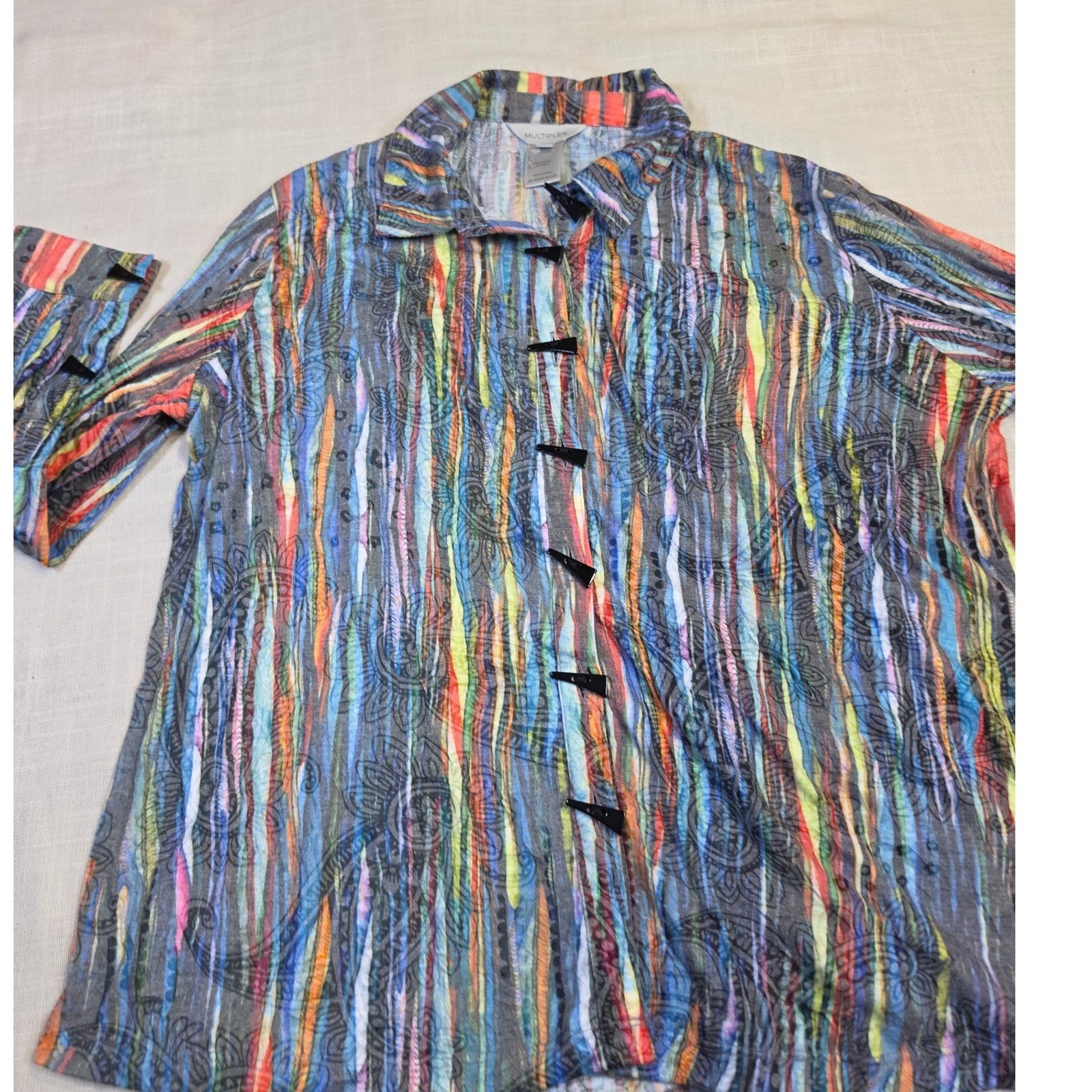 Multiples Womens Petite Large Button Down Shirt Paisley Stripe Toggle Black PL