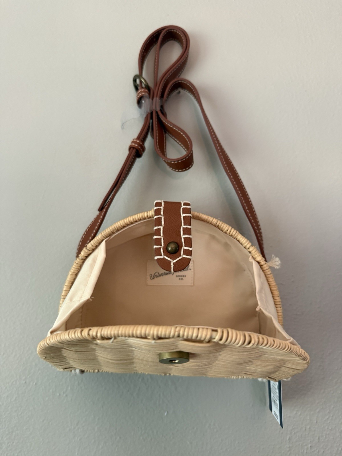 Universal Thread Beige Woven Semi-Circle Crossbody Bag, Brown Strap, Magnetic