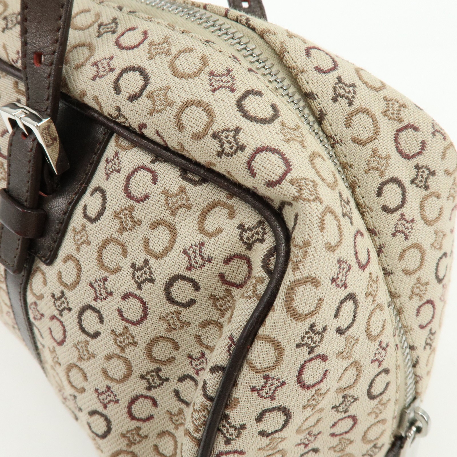 CELINE C Macadam Canvas Leather Hand Bag Boston Bag Beige Brown Auth Used F/S