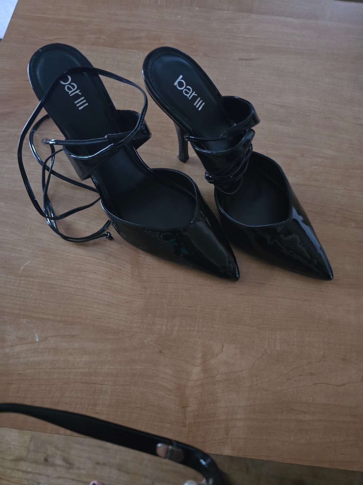 stiletto heels size 11 black patent leather. Wrapped string around ankles