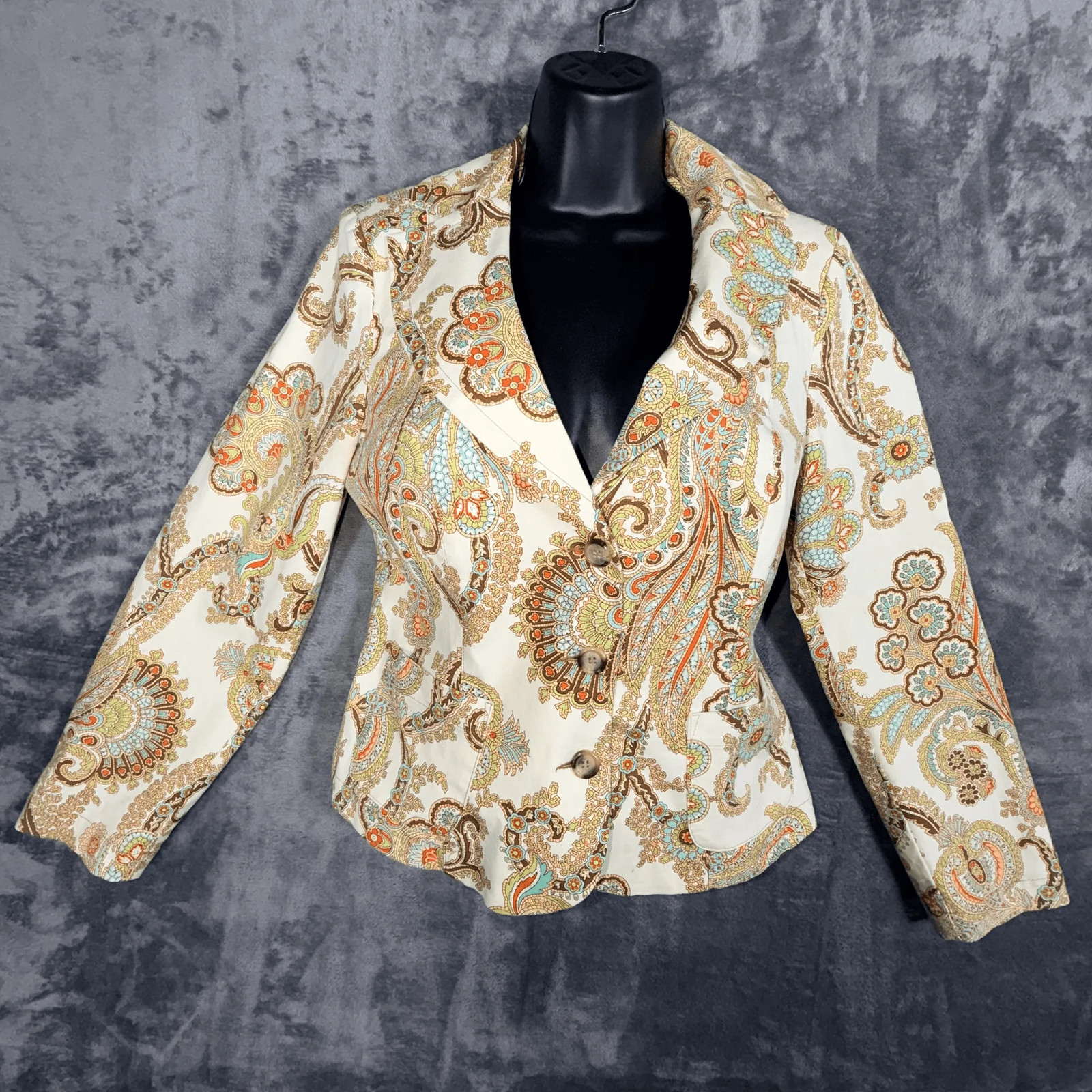 Cabi Womens Blazer Jacket Size 8 Cream Multicolor Paisley Print Cotton Blend