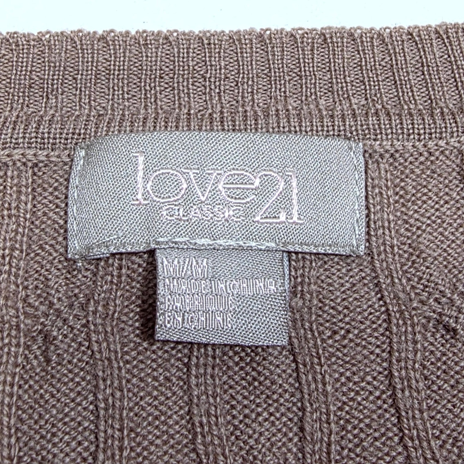 Love21 Cardigan Womens Medium Brown 100% Merino Wool Cable Knit V-Neck Sweater