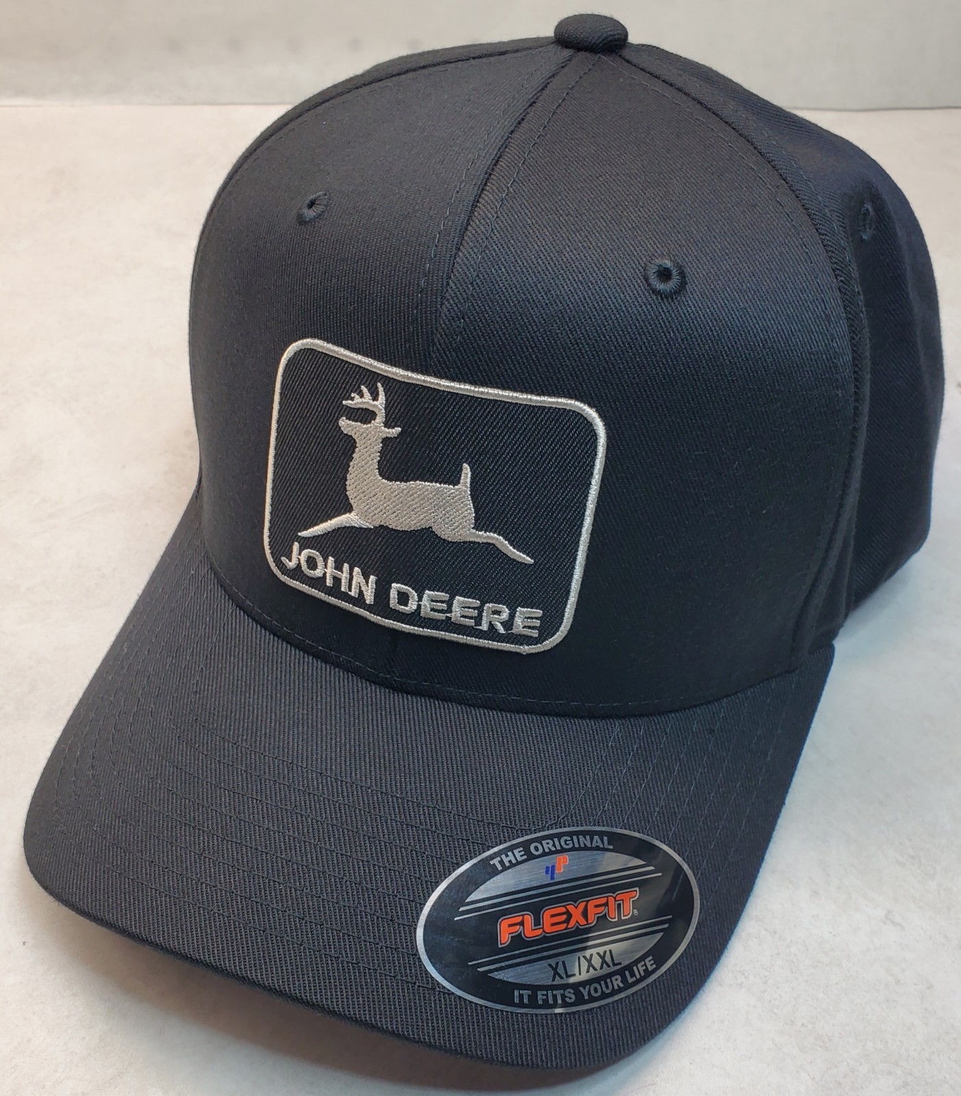 XXL / John Deere Black Patch on Flexfit Style 6277 Hat / Black 7 5/8″ – 8″