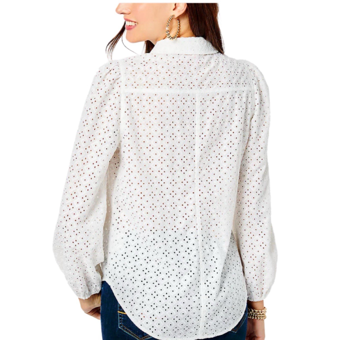 Lilly Pulitzer White Sea View Eyelet Gold Puff Sleeve Button Down Size XS