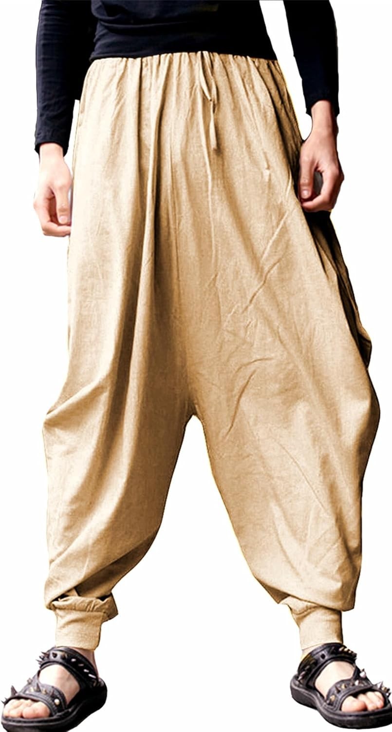 Men’s Harem Pants Baggy Casual Elastic Waist Drawstring Boho Hippie Lounge