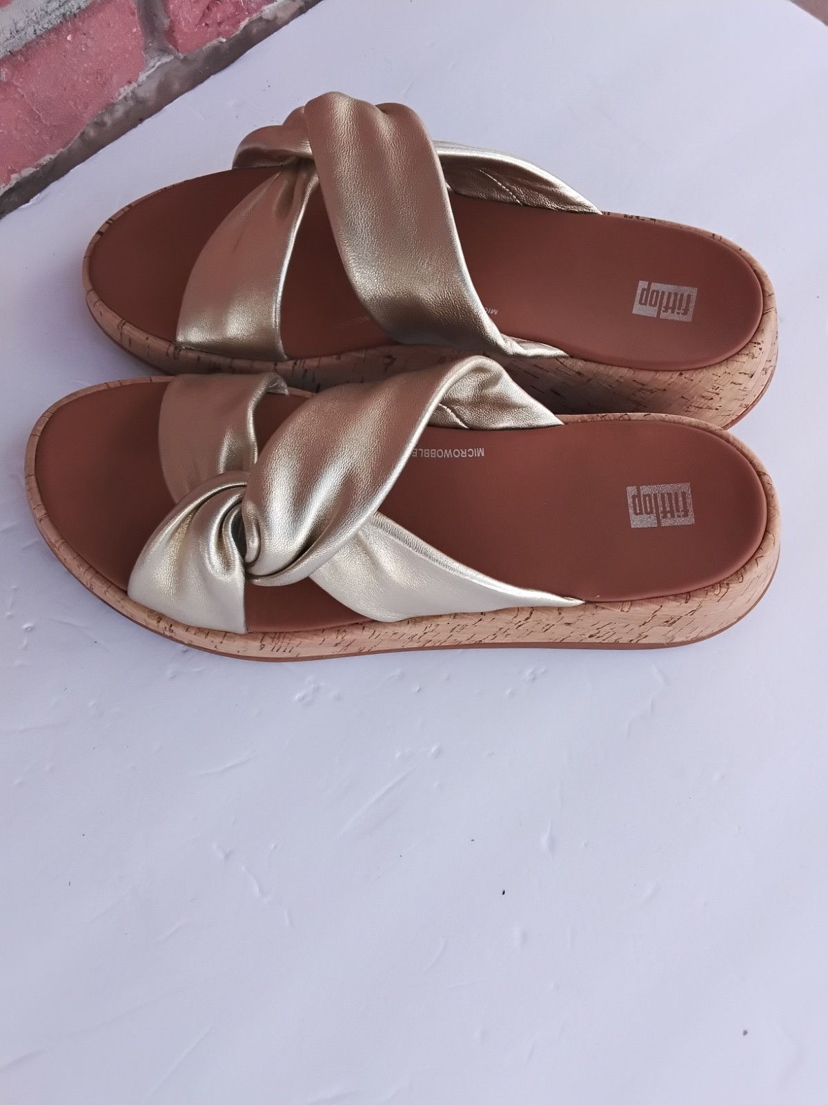 FitFlop F-Mode Twist Platform Gold Leather Slide Sandals US 10 Eu 42