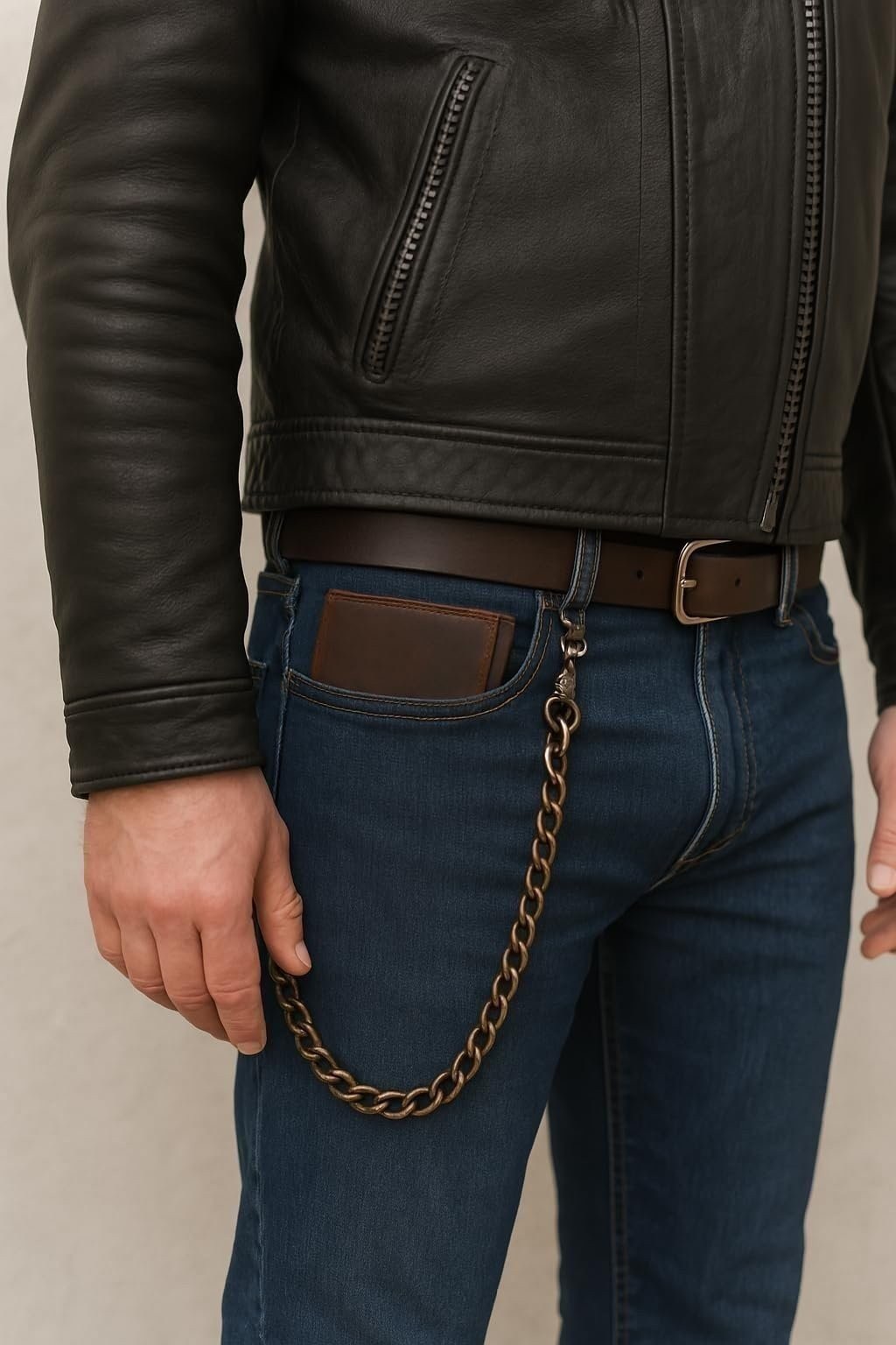 RFID Blocking Men’s Tri-fold Vintage Leather Biker Chain Wallet With Snap Closur