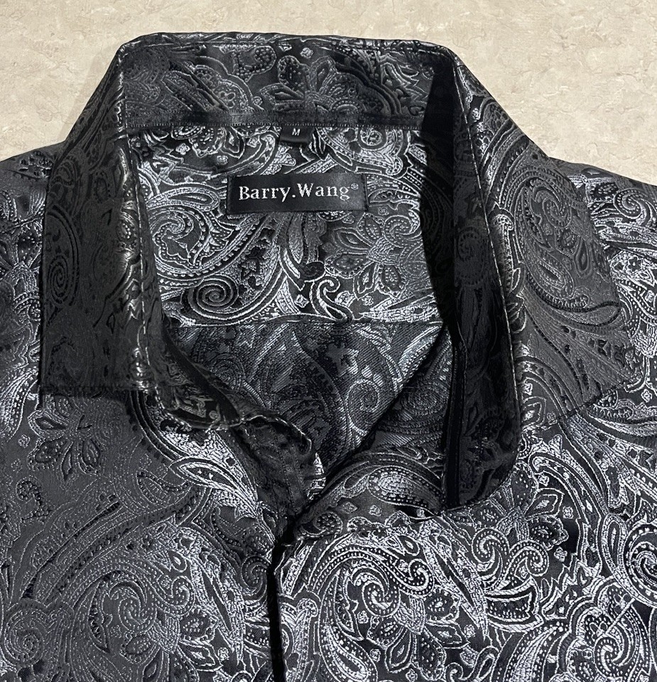 Barry Wang Men’s Black & Gray Paisley Silk Button Down Front Dress Shirt Sz M