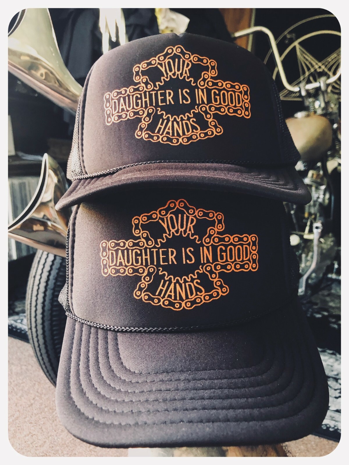 YOUR DAUGHTER IS IN GOOD HANDS trucker cap biker chopper dyna harley shovelhead