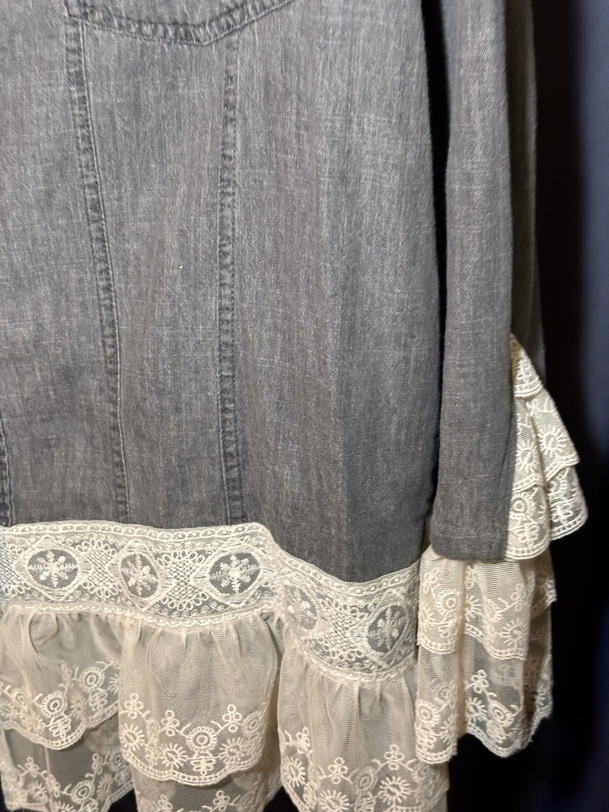 Gray Denim Lace Jacket With Scalloped Lace On Bottom Of Sleeves. Size M
