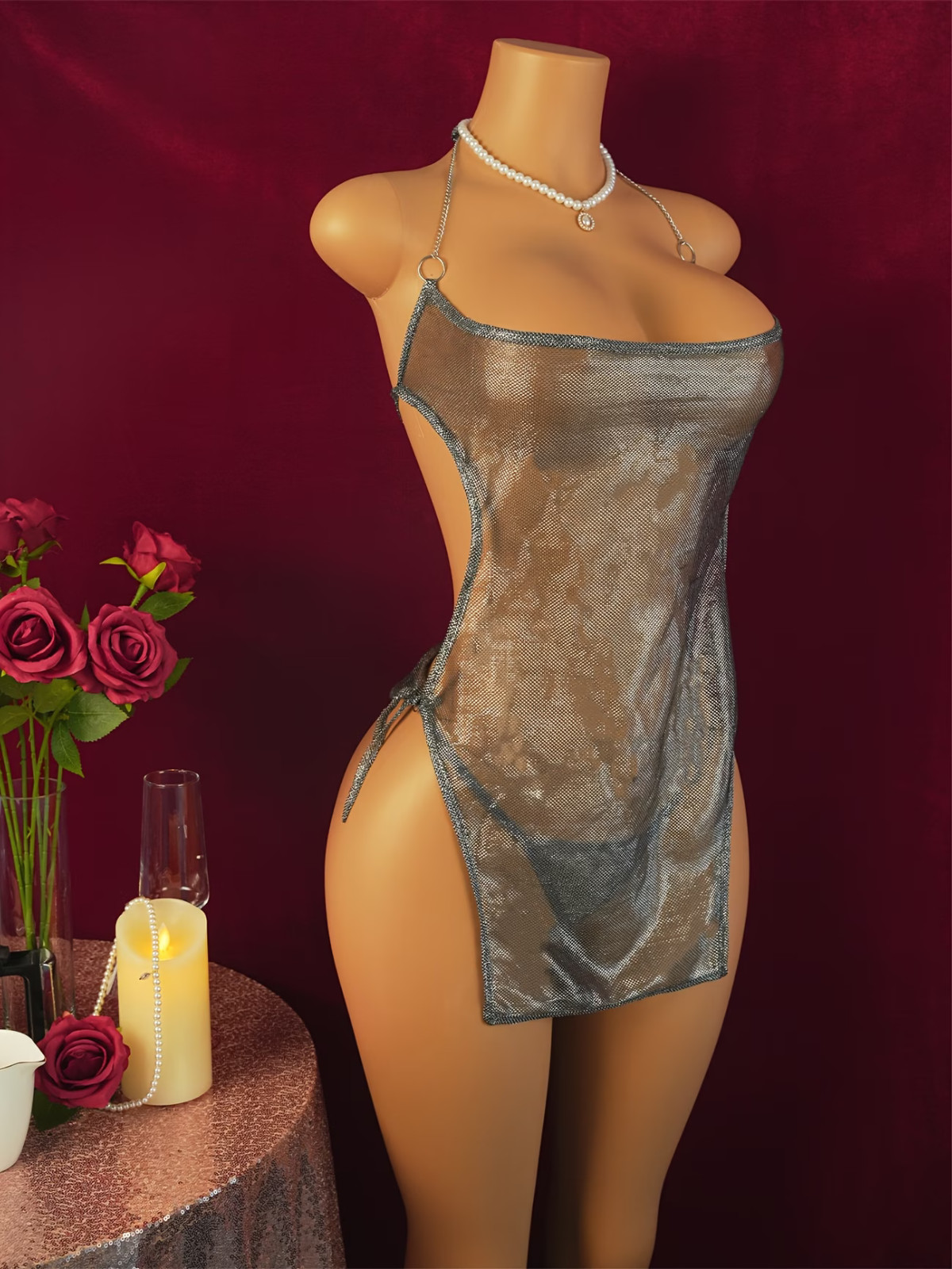 NEW Asian 1-Size Sexy Silver Backless Bodycon Lingerie Open-Cut Design w Chains