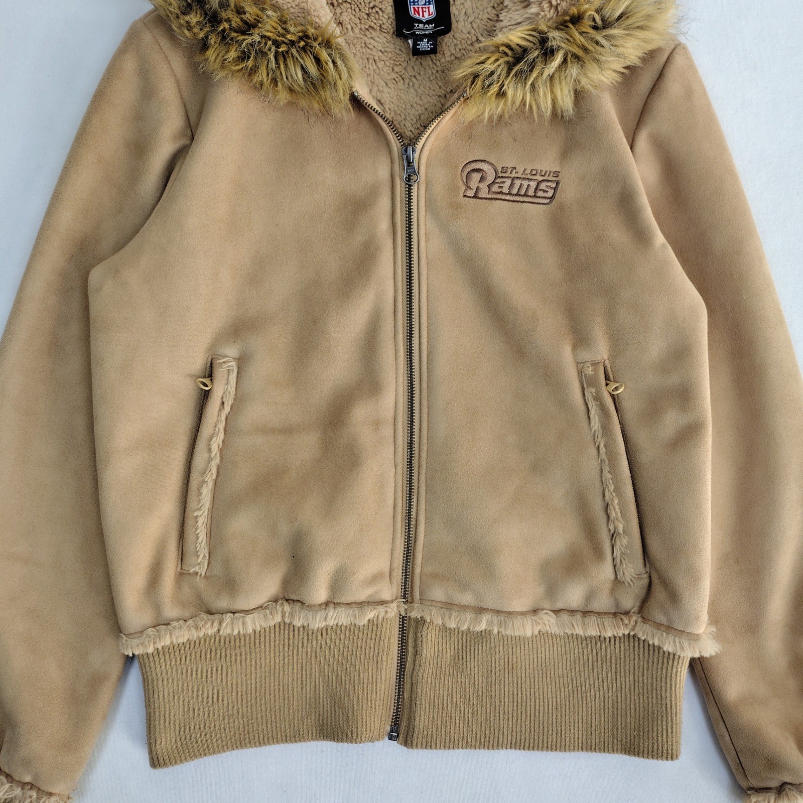 NFL St. Louis Rams Faux Suede Shearling Hooded Jacket Tan Women M