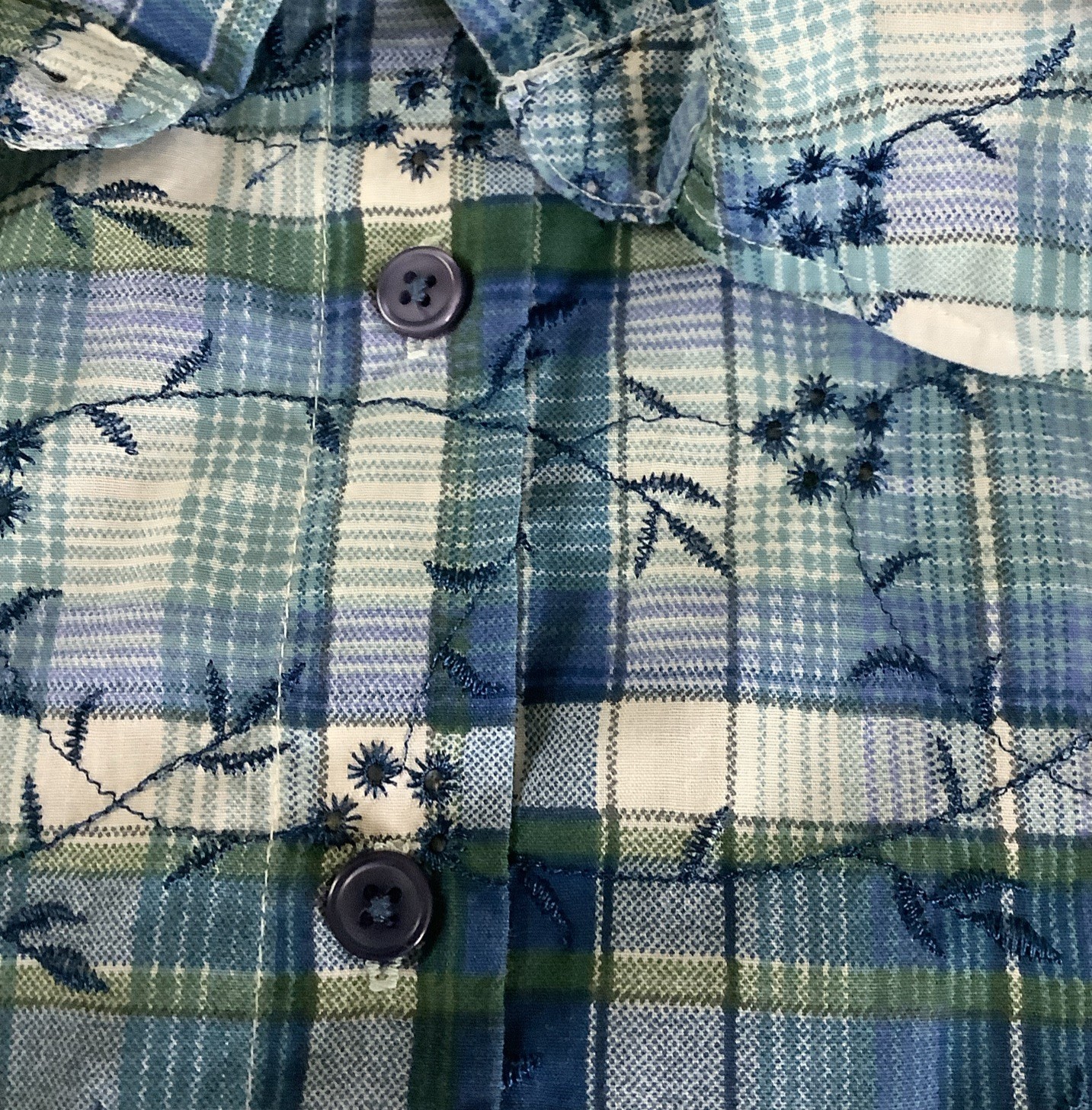 Lemon Grass Womens Top 2X Short Sleeve Blue Plaid Eyelet Button Up Embroidered