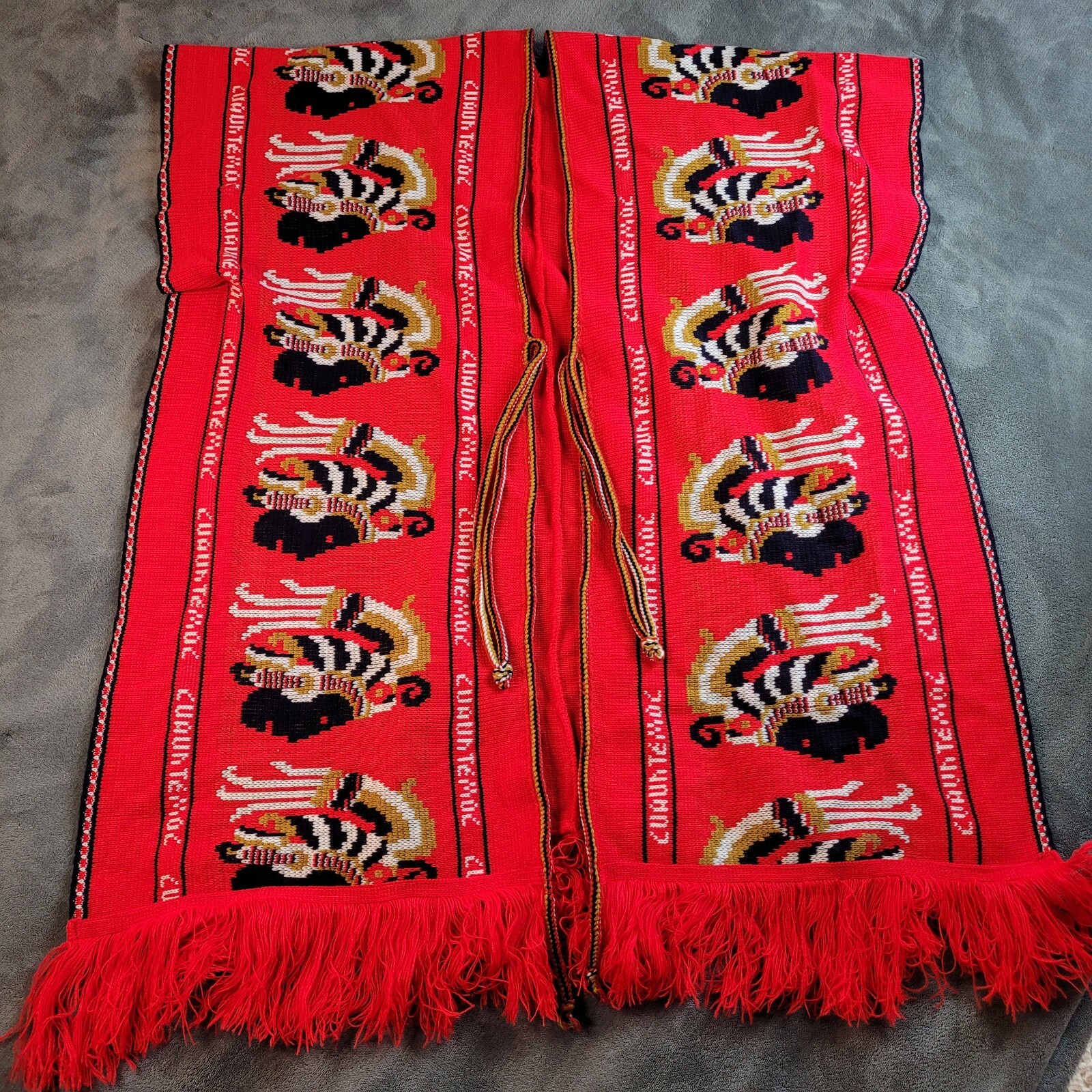 Vtg Poncho Azteca Warrior Maya Mexico Azteca Red Festival Tunic Shawl Hippie WOW