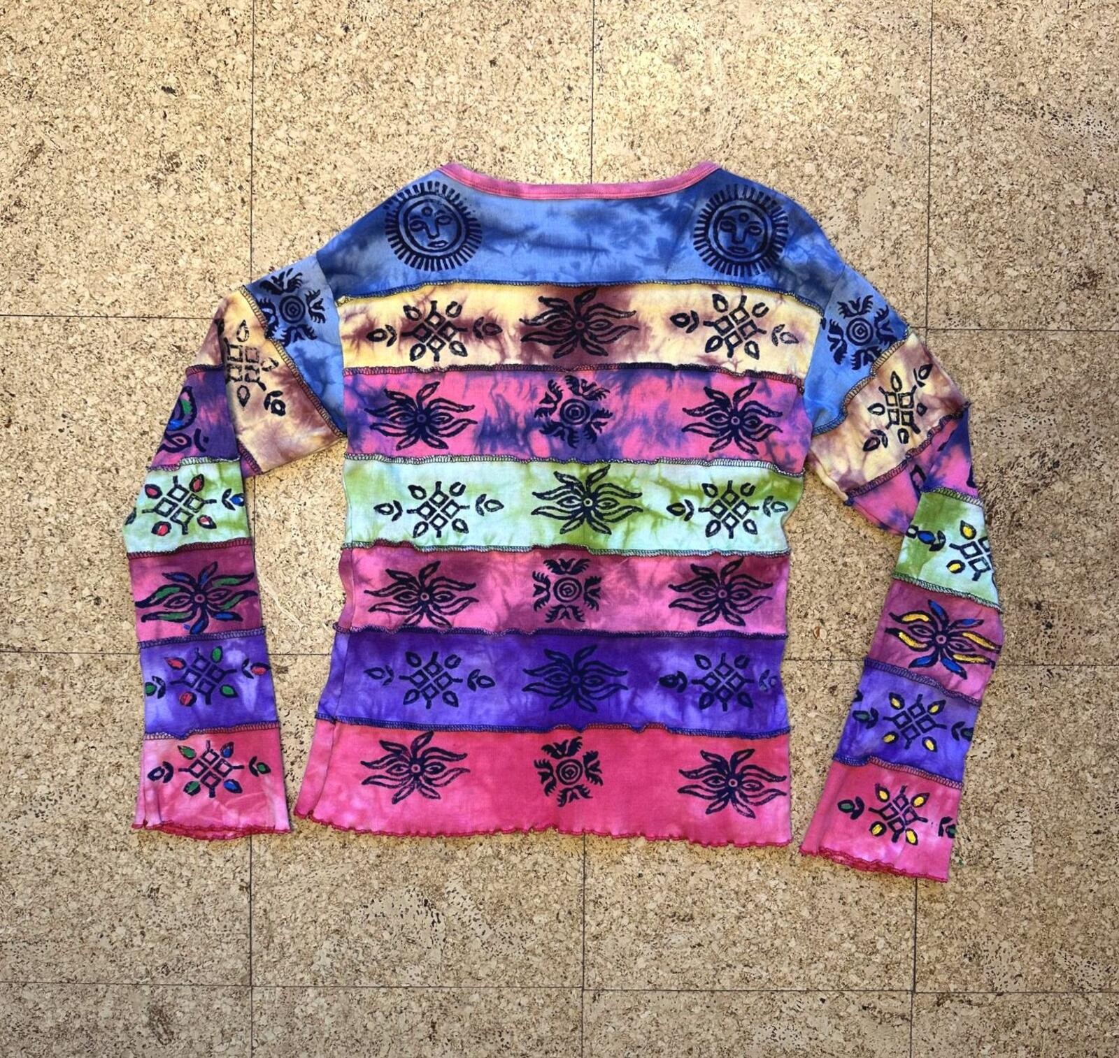 Nepal Tie Dye Hippie Top Sz Large Cotton Hand Painted Boho Festival Flare Sleeve