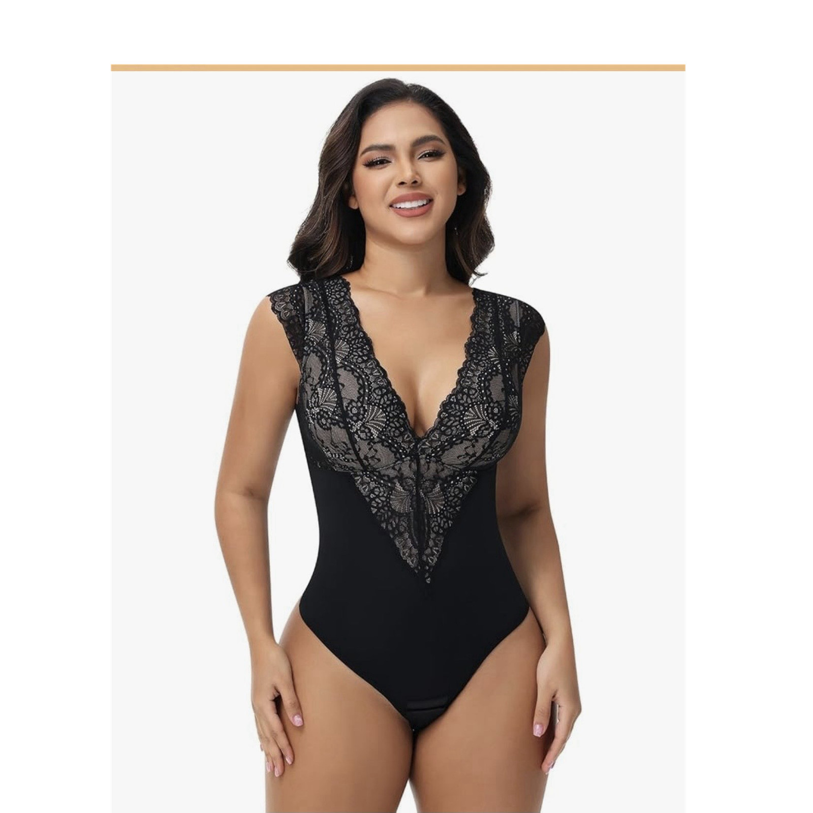Shaperin Amazon Women’s Black Lace V Neck low cut Bodysuit tummy control size M