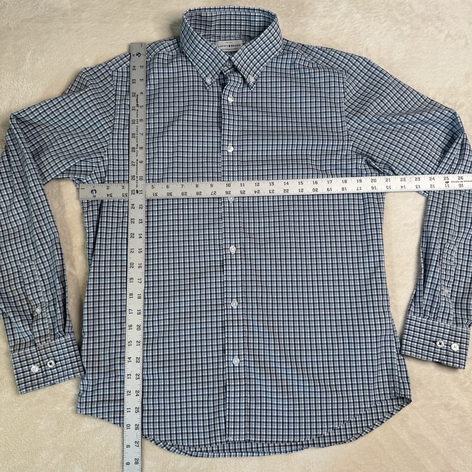 Lucky Brand Slim Fit Button-Down Dress Shirt M 15-15 1/2 34/35 Blue/Green Check