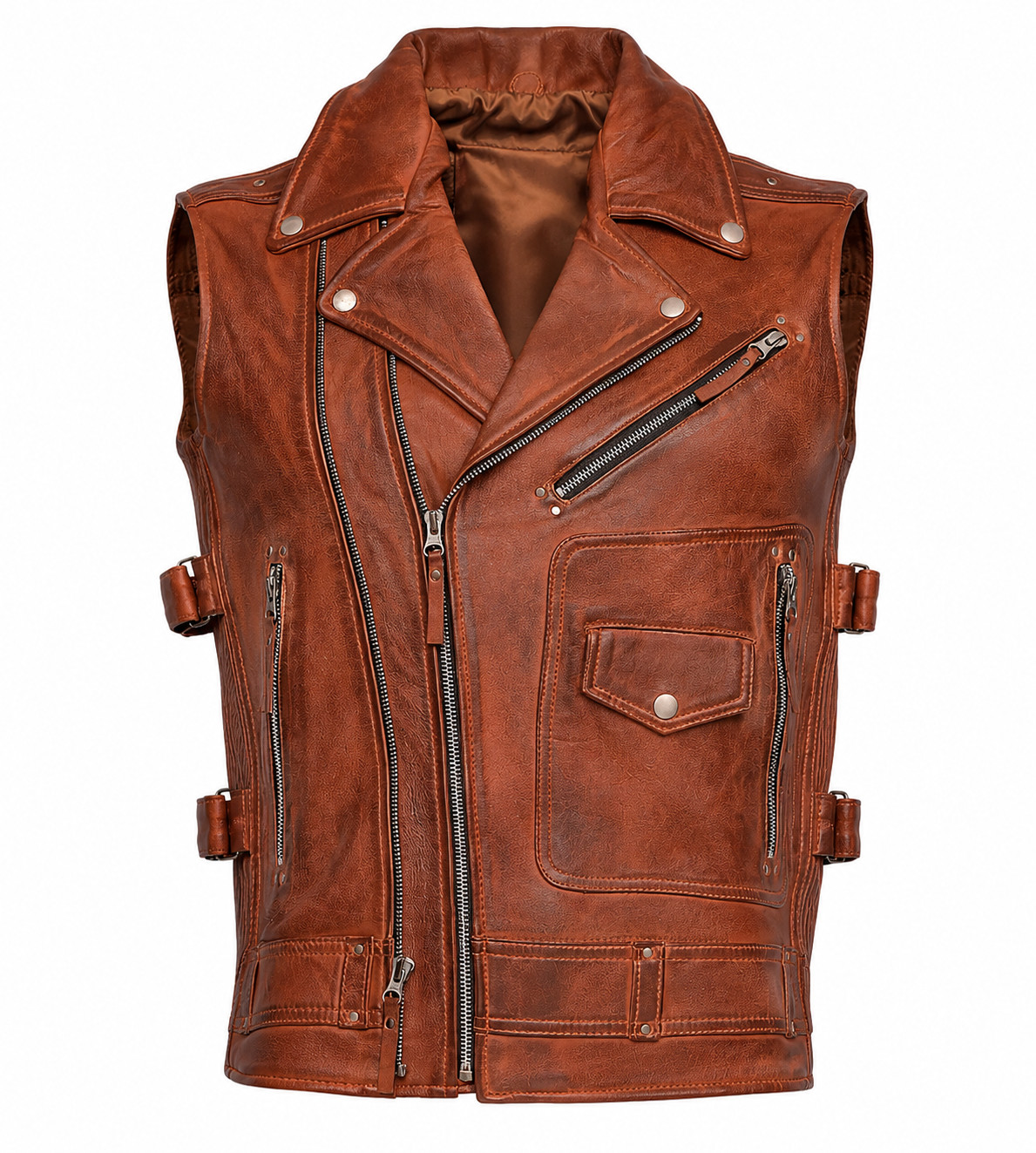 Mens Brown Leather Biker Vest Motorcycle Waistcoat Zip Front Riding Vest