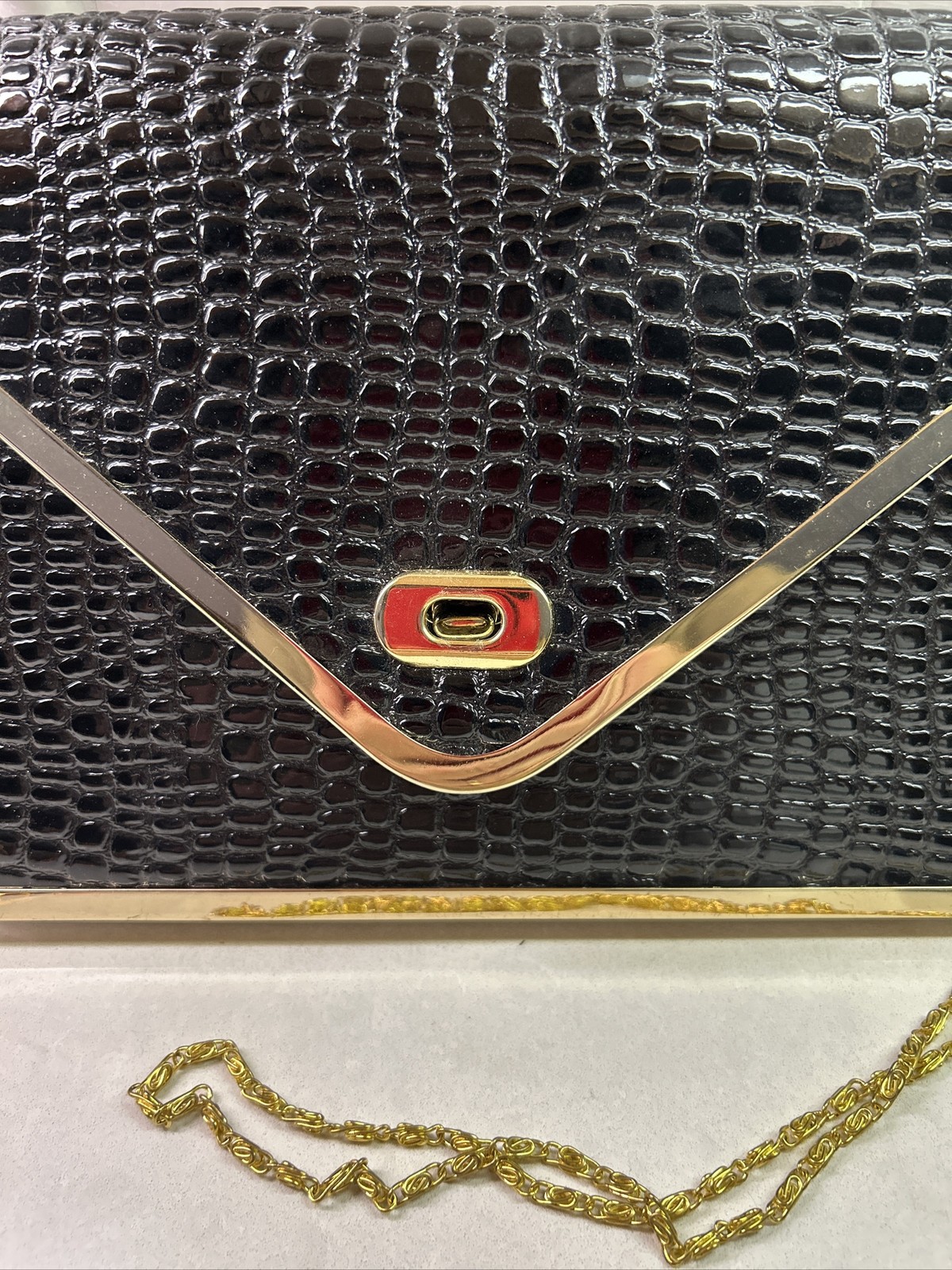 Joan Rivers Black Embossed Croc Print Patent Envelope Evening Clutch Purse