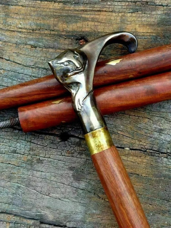 Nautical Antique Solid Brass Cat Head Handle Vintage Wooden Walking Stick Cane
