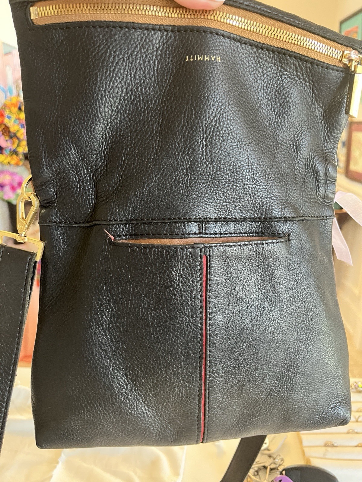 Hammitt Leather VIP ClutchCrossbody Black Leather With Red Suede Int. 10x2x8 &12