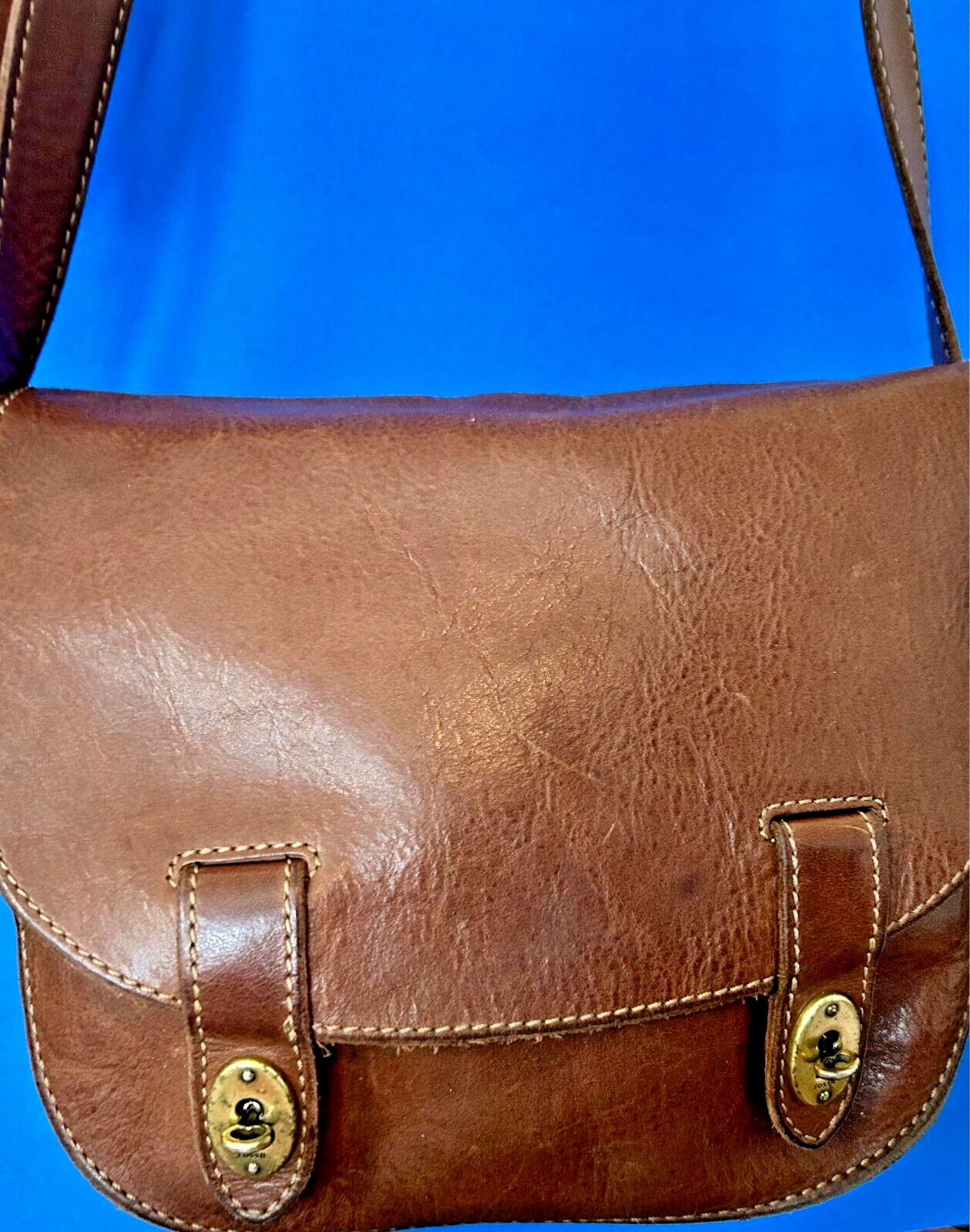 Fossil Austin Leather Turn Lock Saddle Flap Crossbody Messenger Shoulder Bag