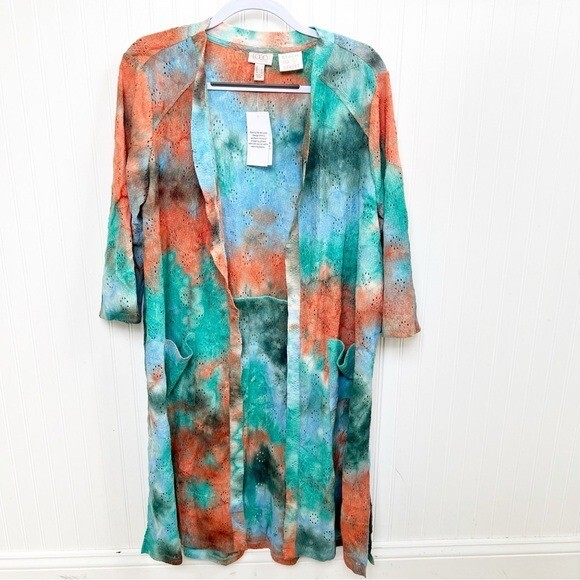 LOGO by Lori Goldstein Beach to Street Tie Dye Eyelet Lace Duster Medium NEW