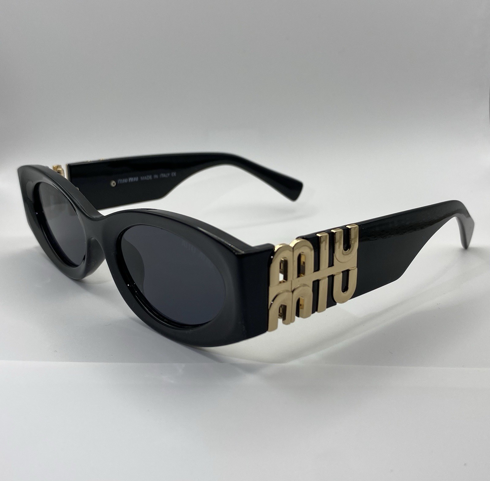 MIU MIU Women’s Black & Gold Oval Oversized Sunglasses Grey Lens *GENTLY USED*