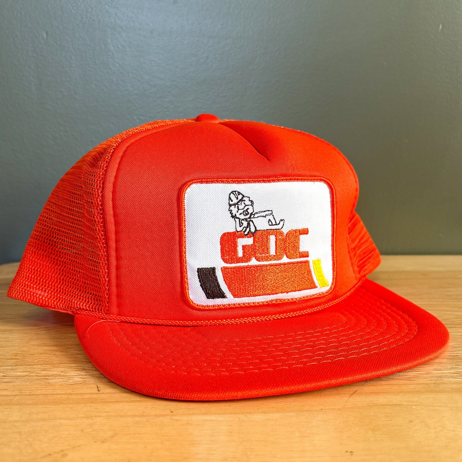 Vintage GDC Construction Worker Orange Patch Mesh Snapback Trucker Hat