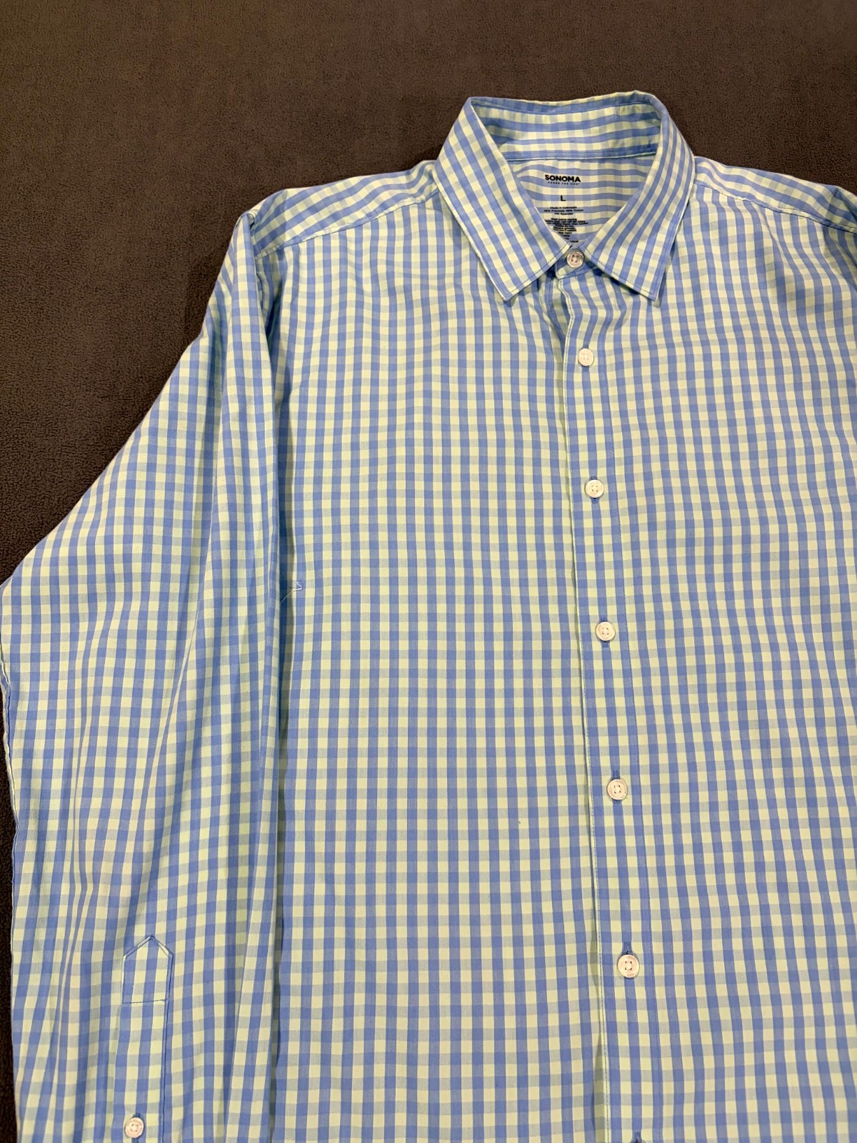 Sonoma Shirt Mens Large Gray Gingham Check Performance Stretch Pleated Button Up