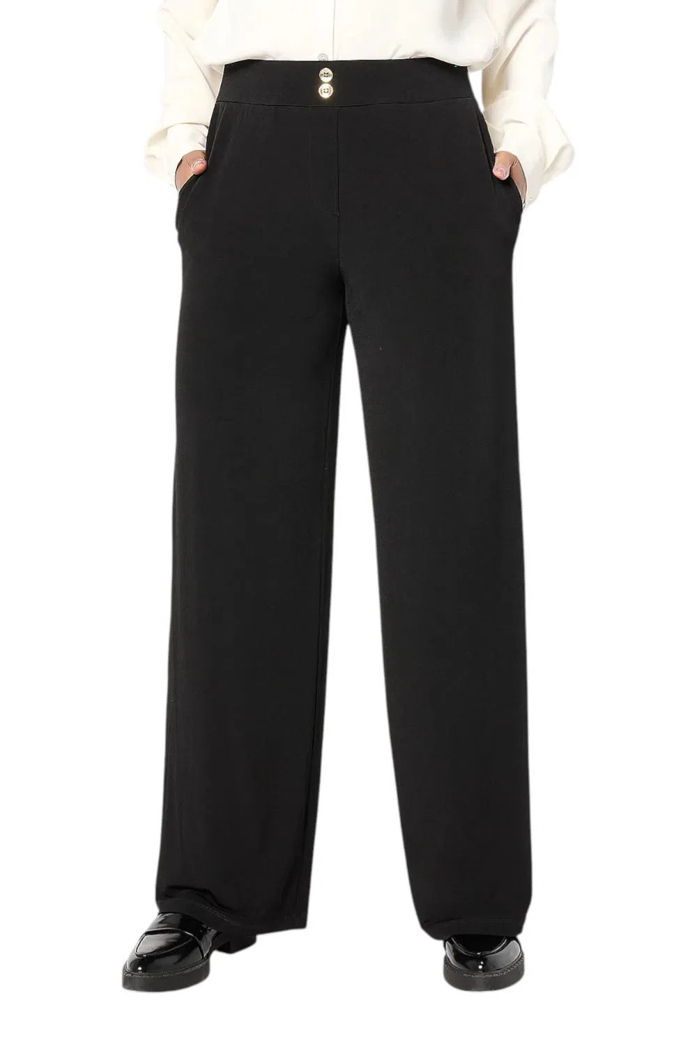 Susan Graver Women’s Liquid Knit Wide-Leg Pants w/ Button Black