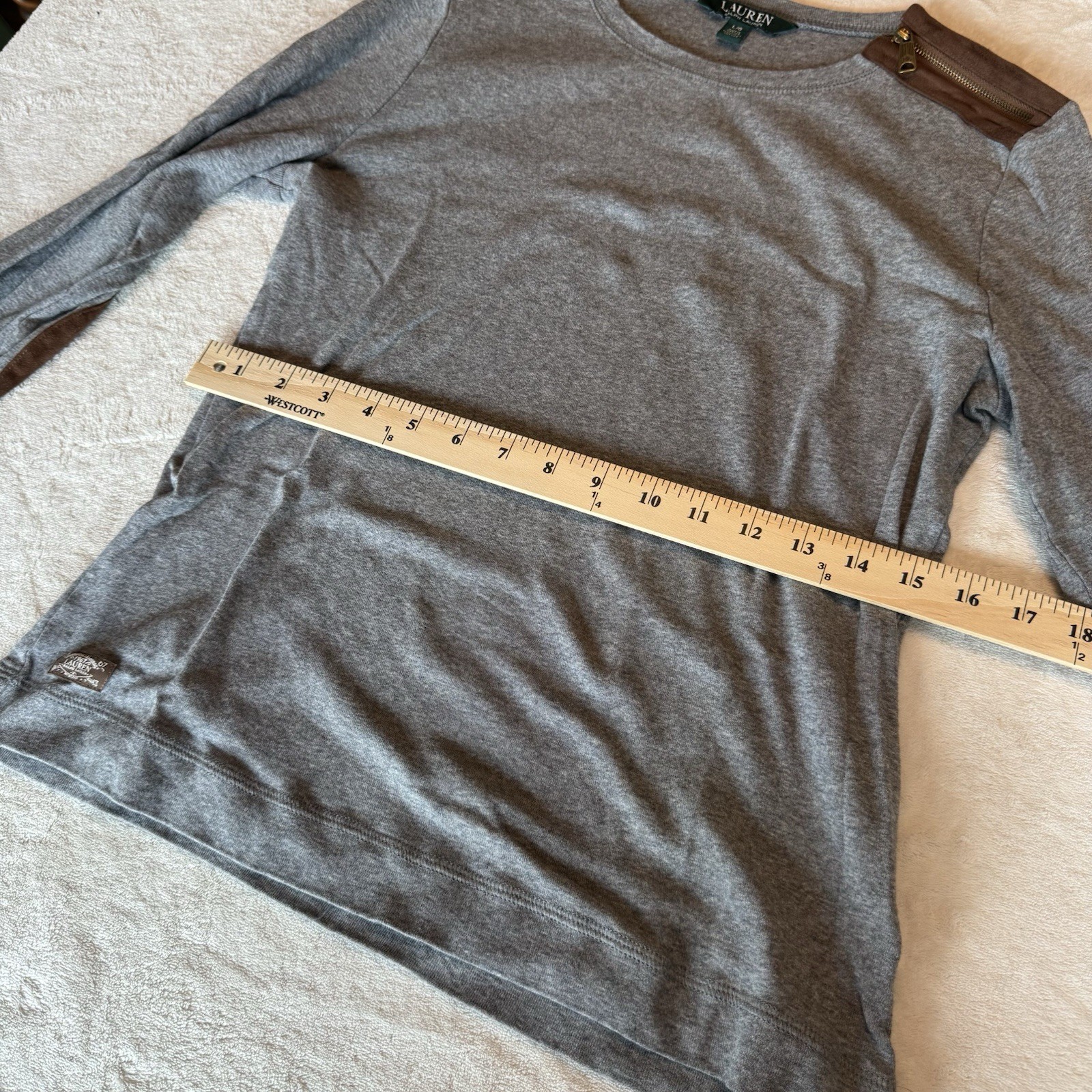 Lauren Ralph Lauren Gray Crew Neck Knit Pullover Sweater Elbow Patches L/G
