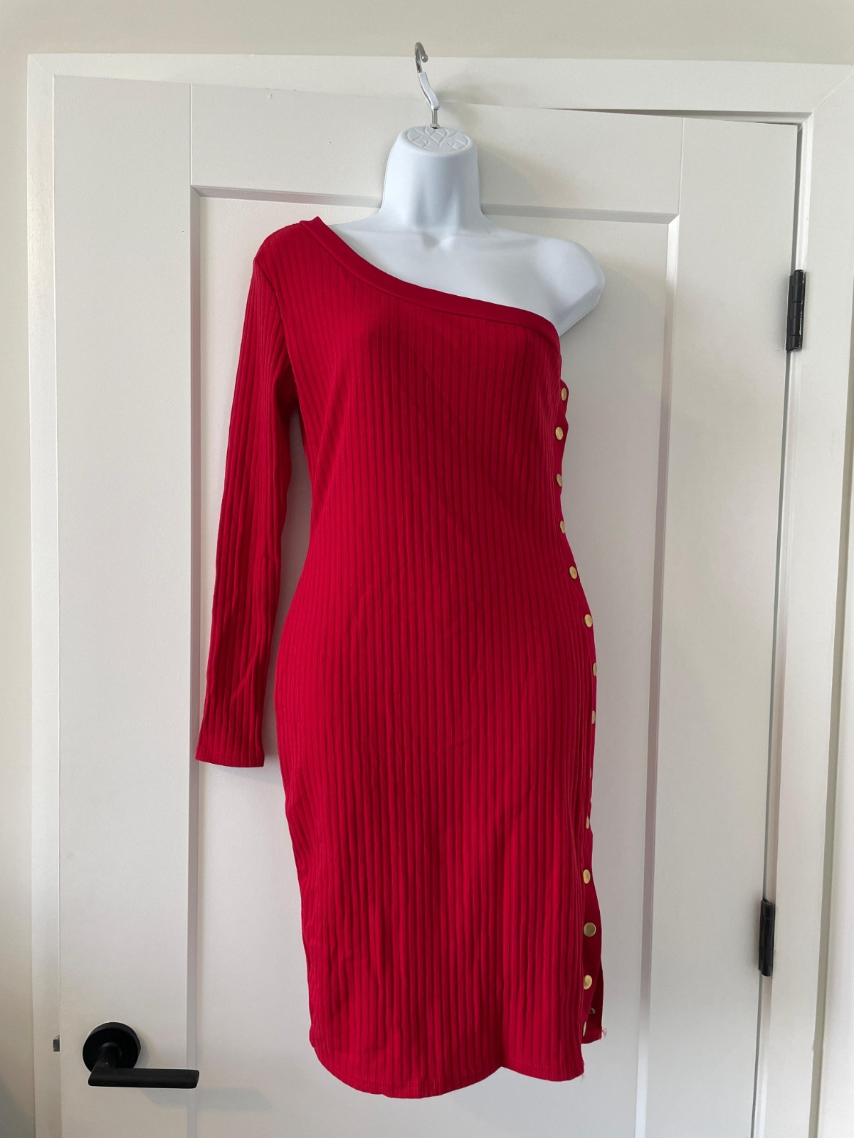 New Without Tag Red One Shoulder Bodycon Rib Knit Dress with Gold Button Detail