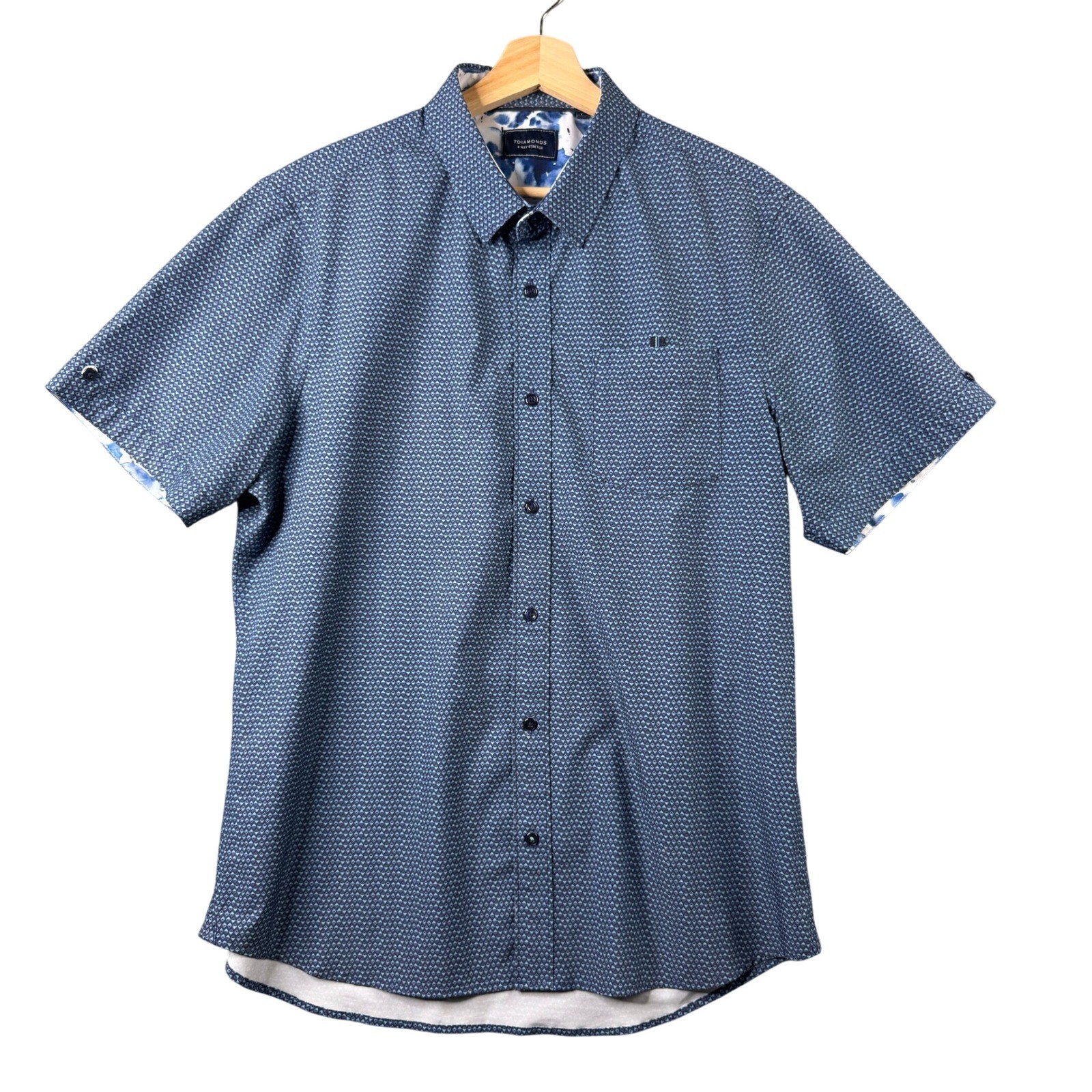 7 Diamonds Higher Love Mens Blue Geometric Diamond 4-Way Stretch Shirt Size L