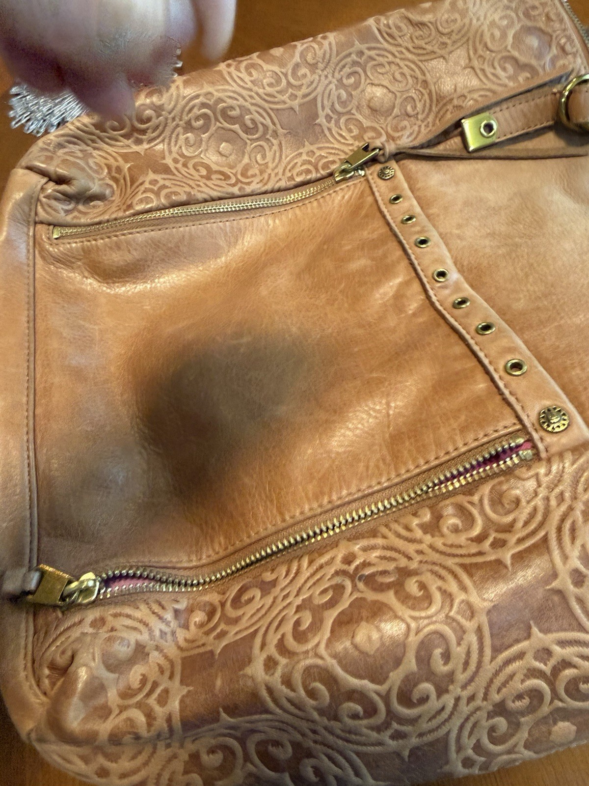 The Sak Brown Embossed Floral Tote Bag Zip Top Purple Lining Pockets Tassel