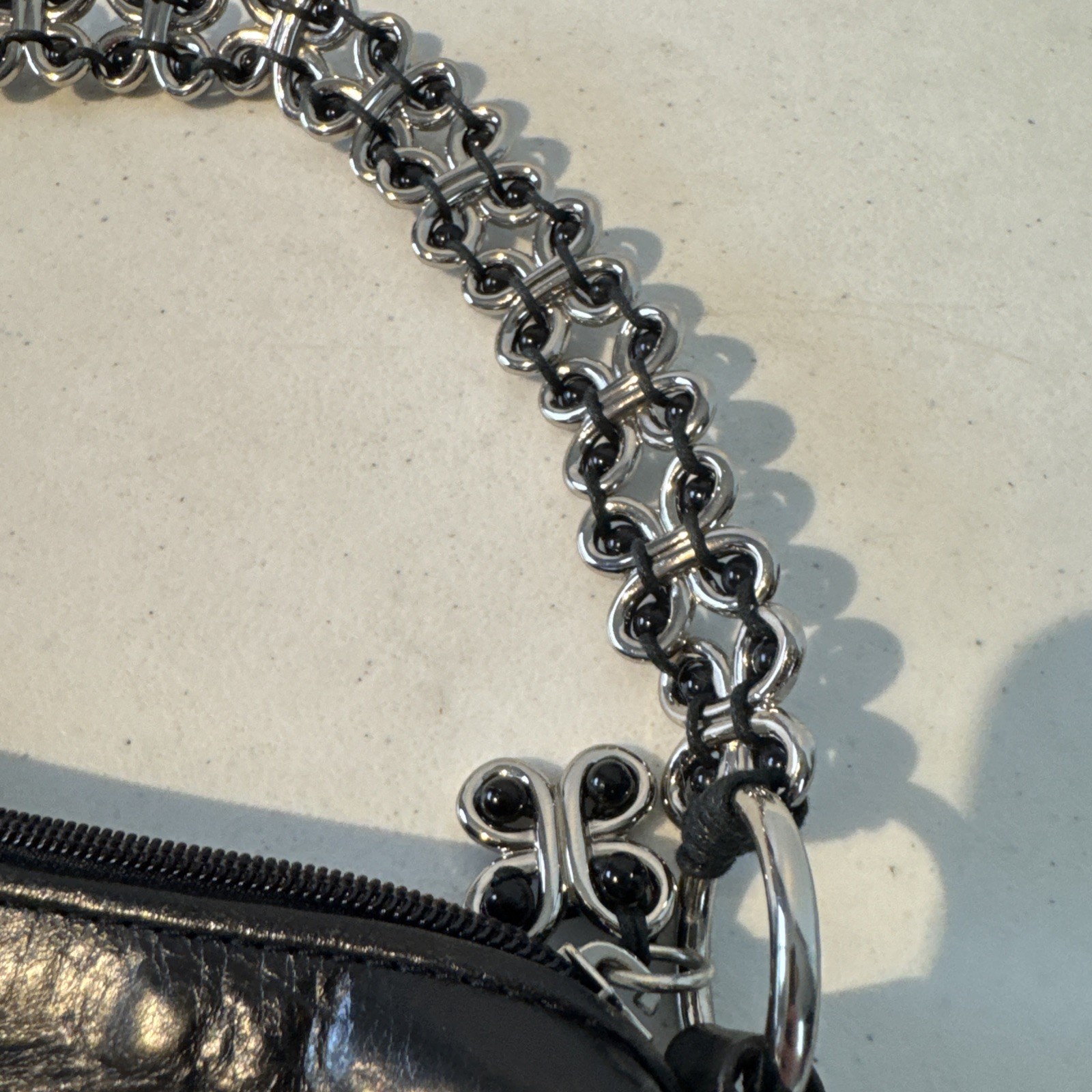 Elliott Lucca Black Leather Hobo Handbag Silver Tone Chain Strap Zipper