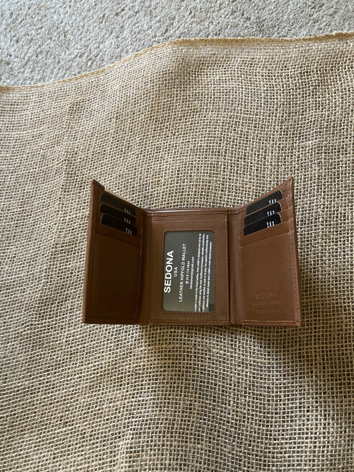 large trifold leather wallet Cognac Color, 8 Card Slots, 1 Id Window