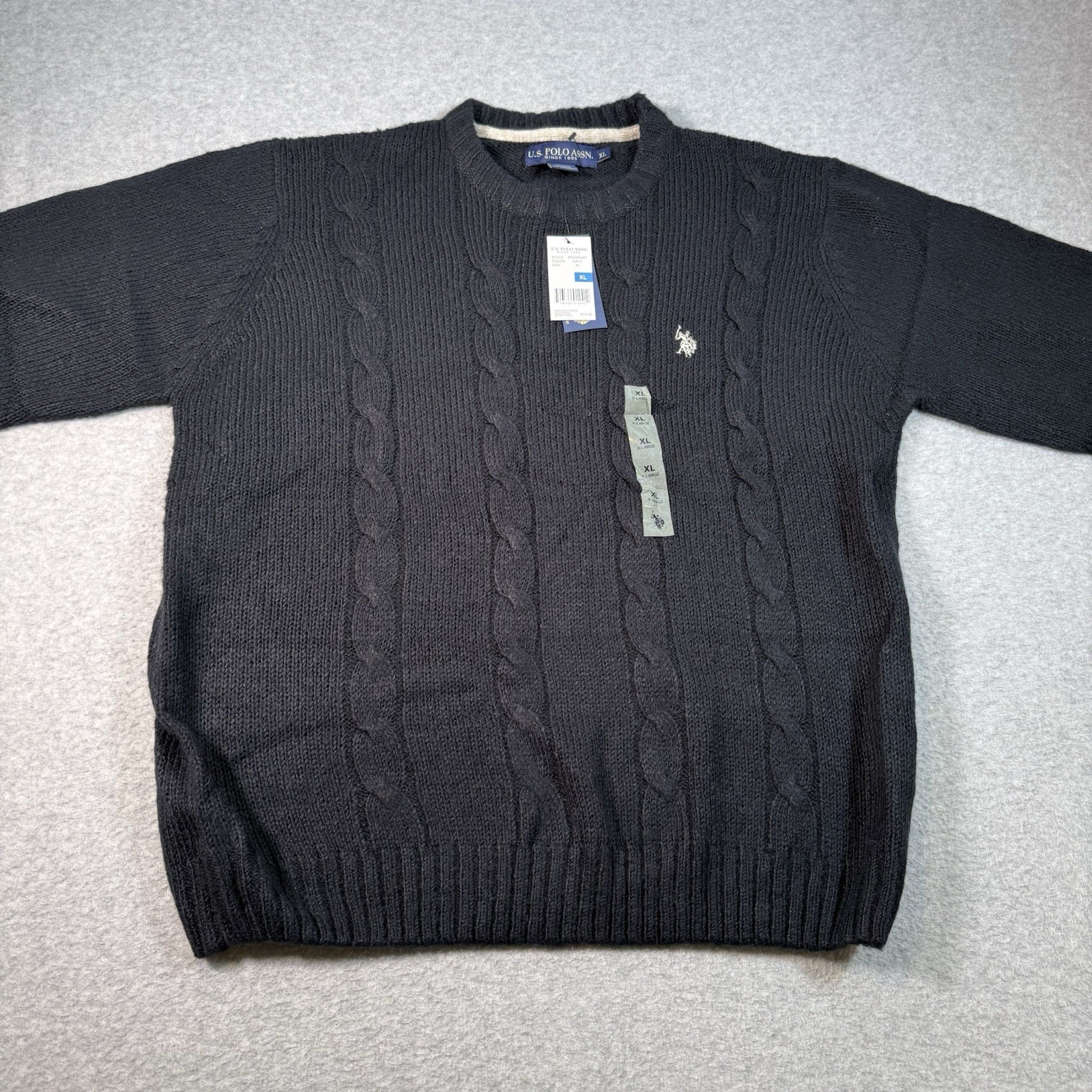 U.S. POLO ASSN Blue Crewneck Sweater White Pony Mens Sz XL Cable Knit NWT Preppy