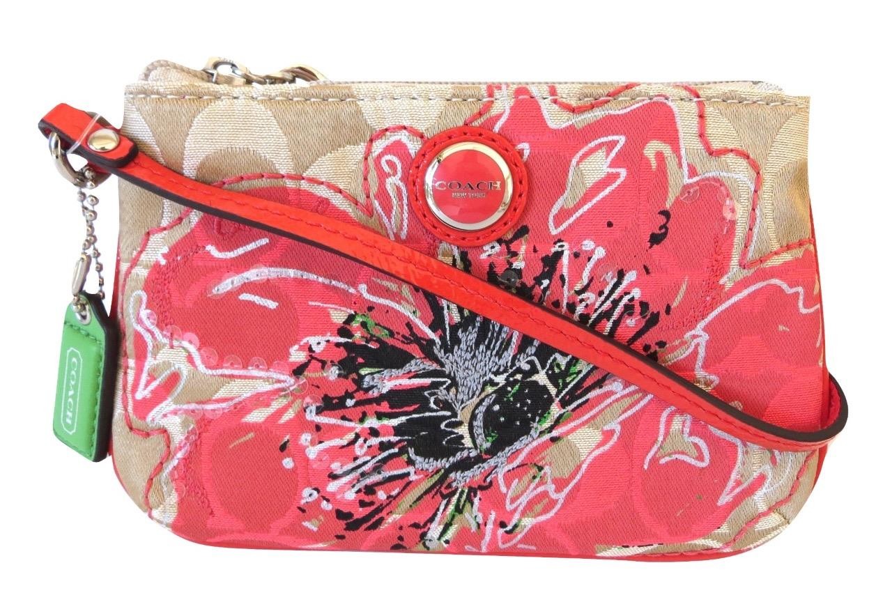 New NWT Coach Poppy Khaki Coral Flower Floral Signature Sequined Wristlet RARE