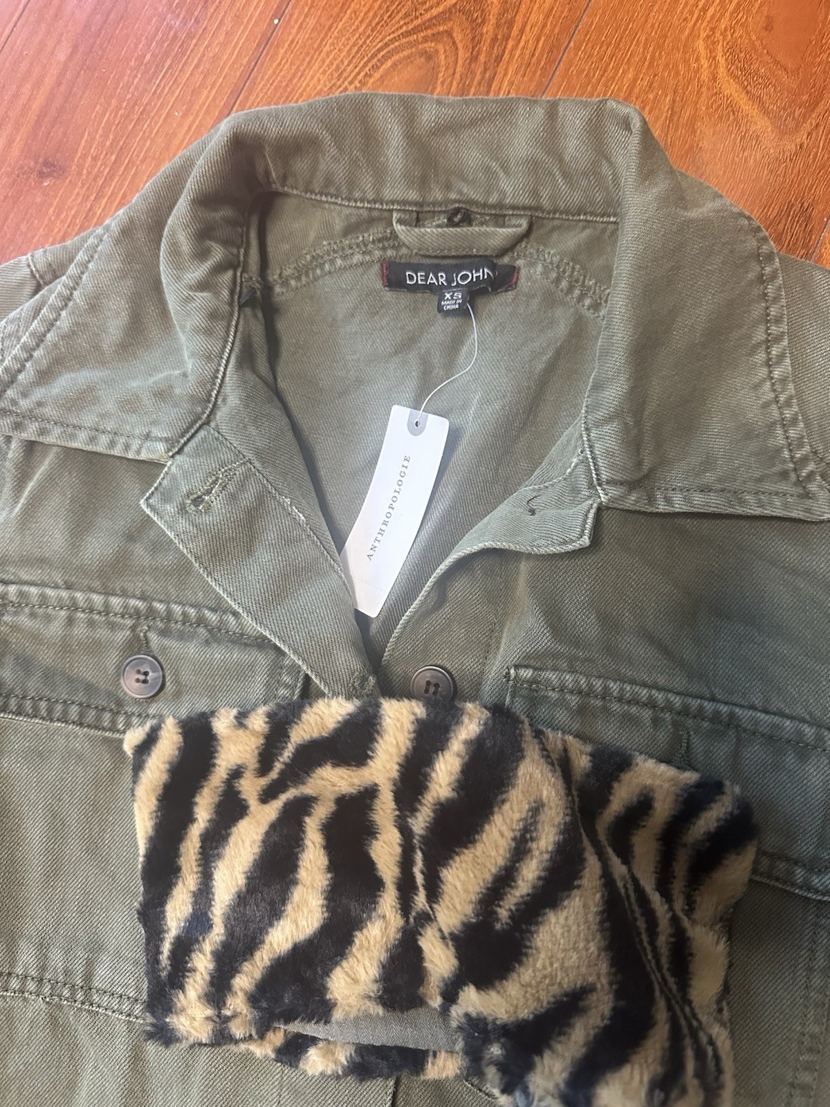 Dear John Olive Animal Print Collar Button Jacket XS Women, Pockets