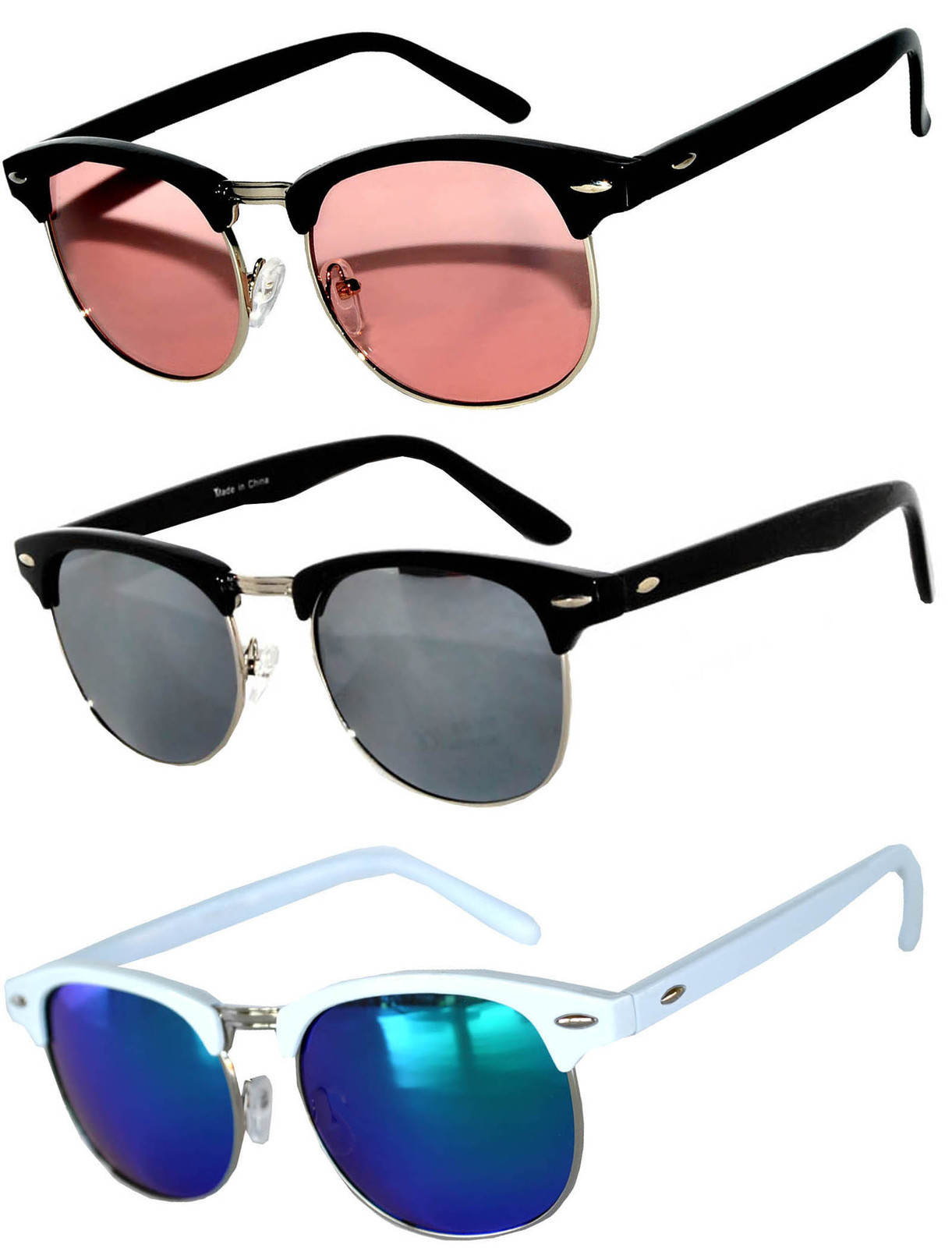 Set of 3 Half Frame Semi Rimless Horn Rim Sunglasses Pink Blue Silver Mirror