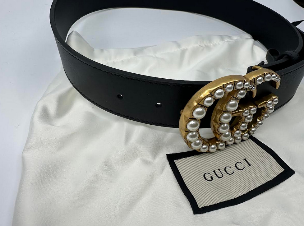 GG BlackGUCCI Leather Belt Pearl Gold Buckle