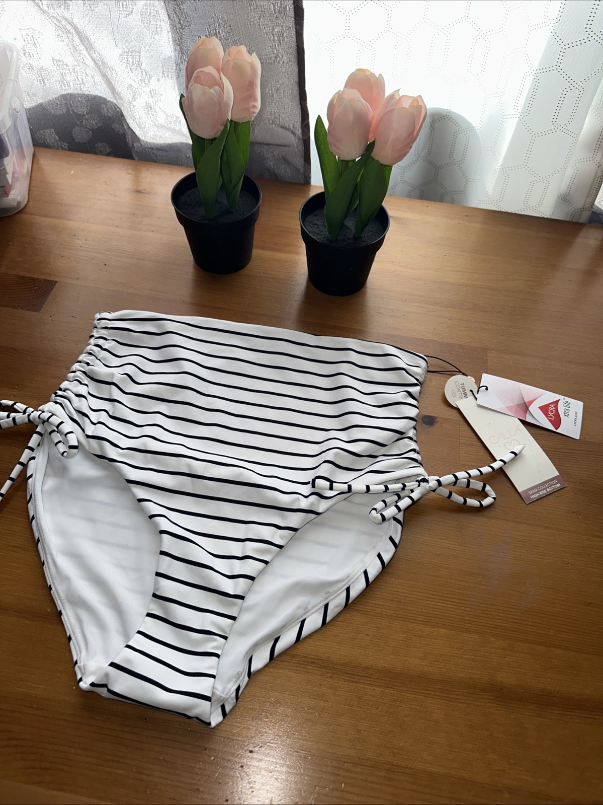 CALIA High Waisted Ruched Side Tie Swim Bottoms Size Small Women Coastal Stripe